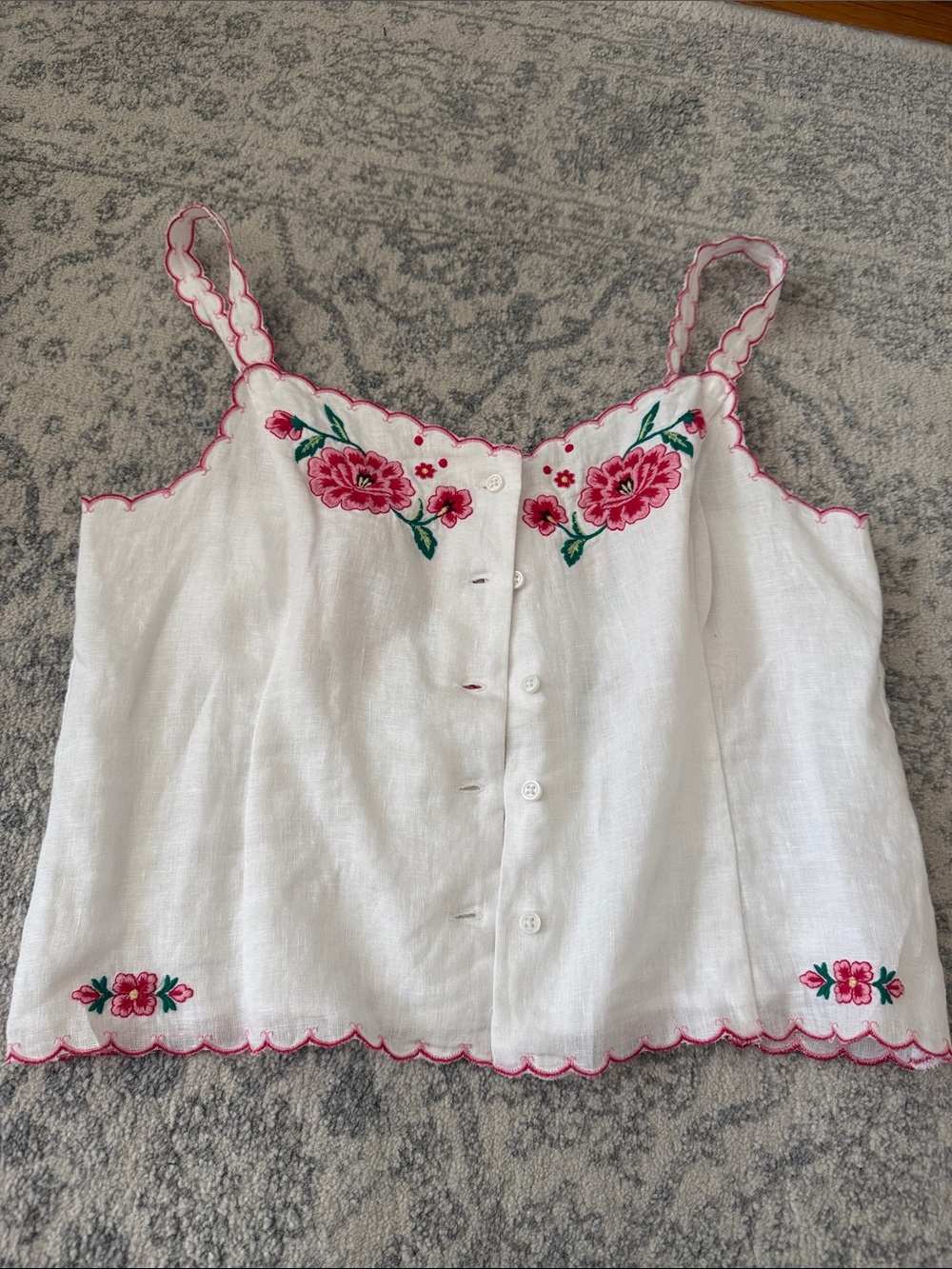 J. Crew White Linen Cami with Pink Floral Embroidery